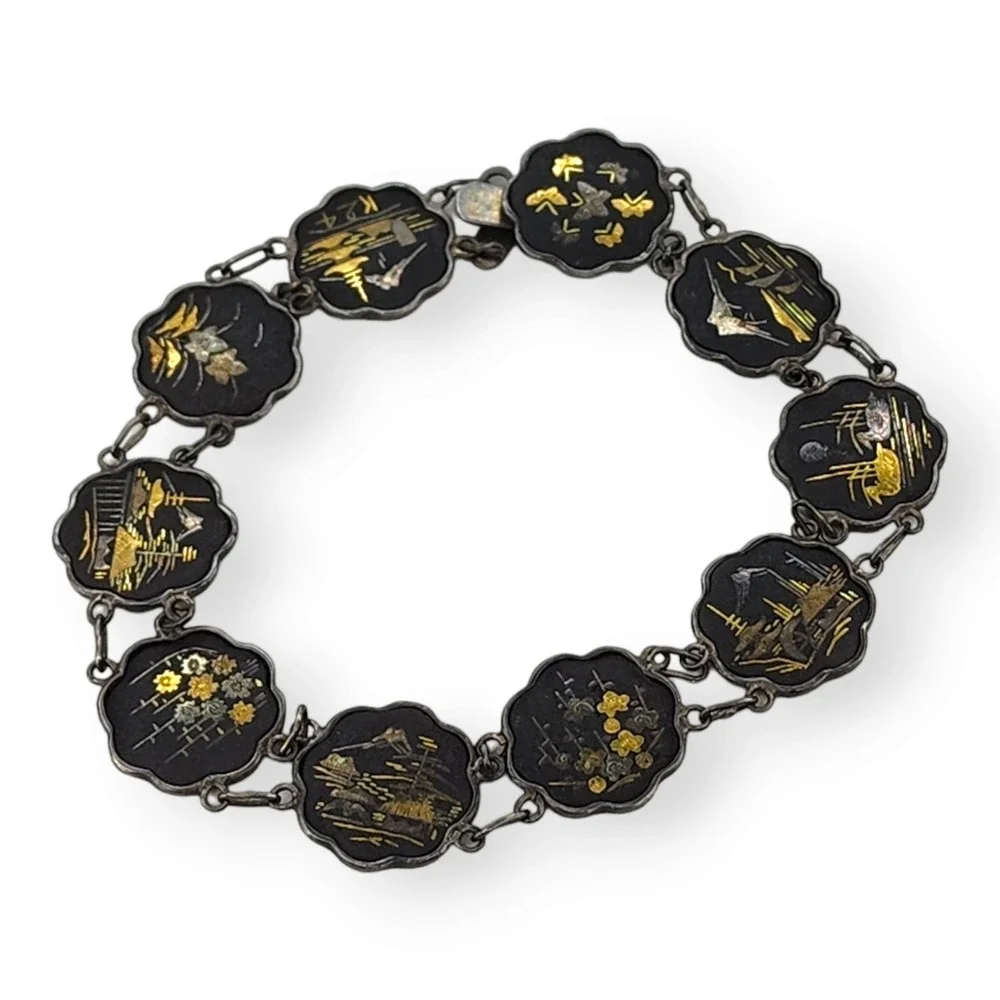 Vintage Signed Damascene Link Bracelet Sterling Silver 7